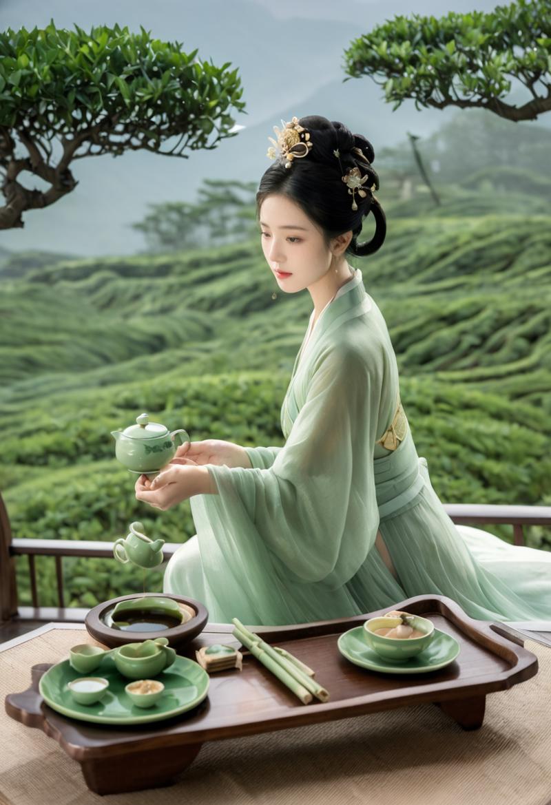 01903-1444703242-(green_1.3)_She is a teahouse proprietress, dressed in teahouse attire primarily in green, symbolizing her calmness and kindness.png